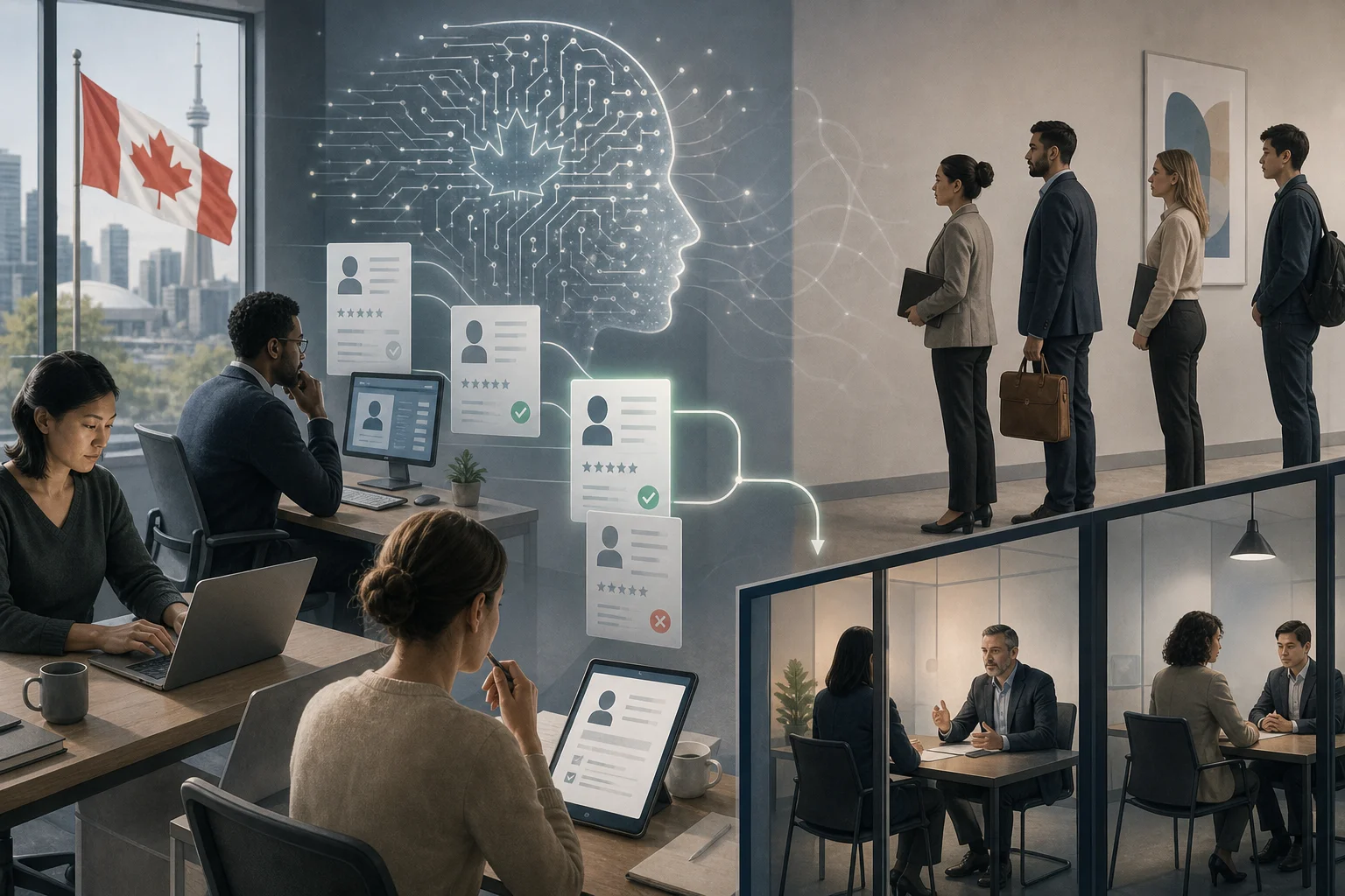 Editorial illustration of AI affecting hiring conditions in Canada, shown abstractly without text or logos.