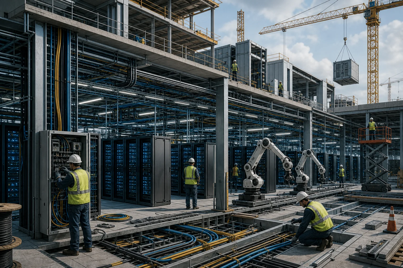 Editorial illustration of data-center construction workers and robotic arms alongside server infrastructure.